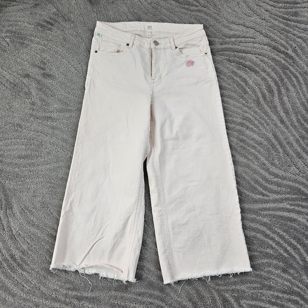 Woman Light Pink Cropped Jean Frayed Hem Size W38 Wide Leg Stretchy High Waist